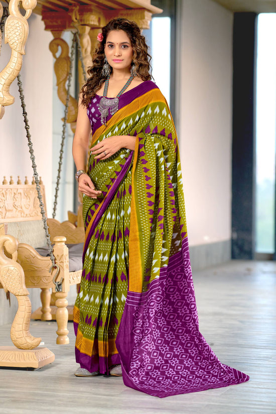 Classic Mulmul Cotton Saree with Ikkat Hand Block Print