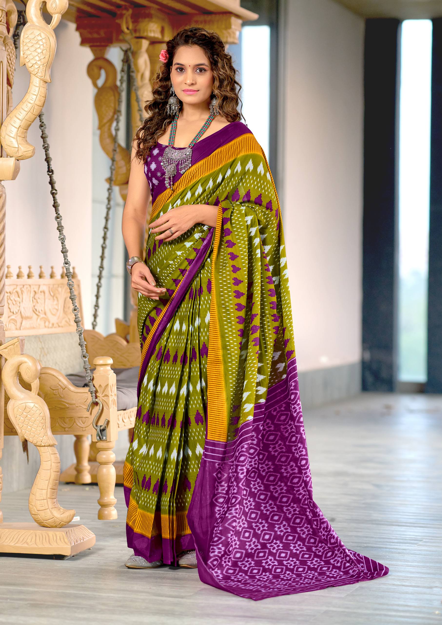 Classic Mulmul Cotton Saree with Ikkat Hand Block Print