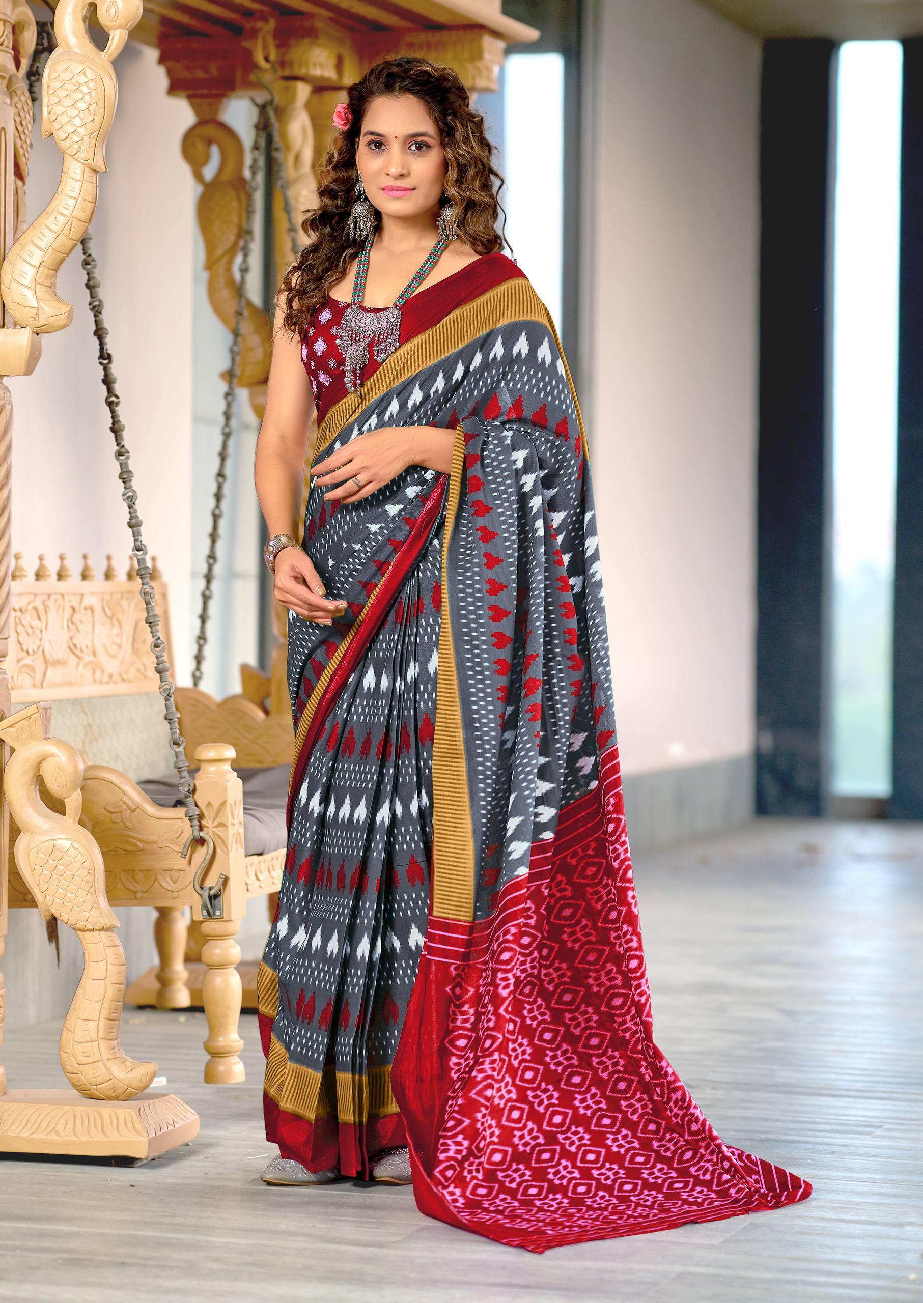 Classic Mulmul Cotton Saree with Ikkat Hand Block Print