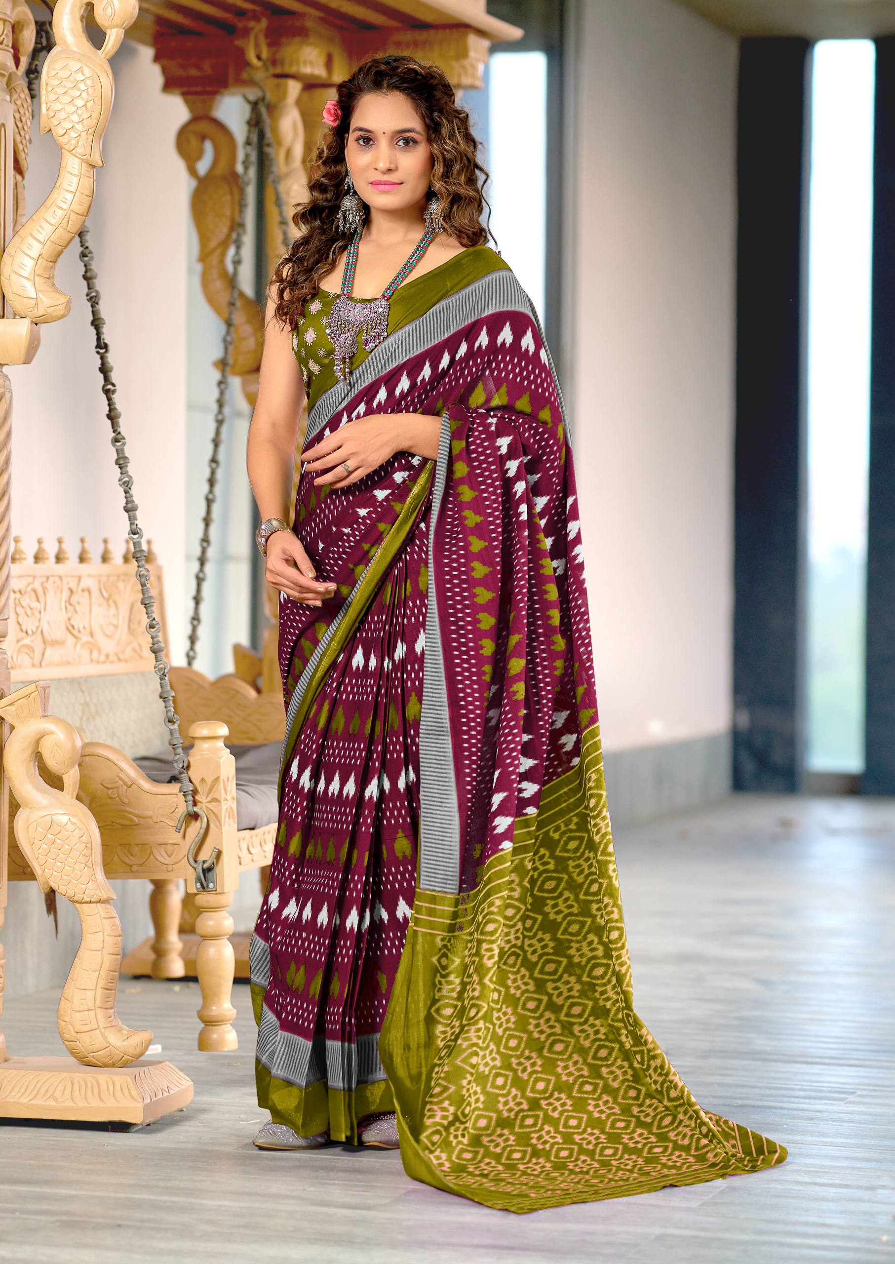 Classic Mulmul Cotton Saree with Ikkat Hand Block Print