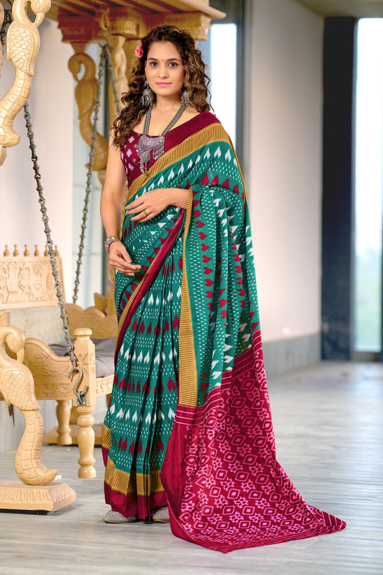 Classic Mulmul Cotton Saree with Ikkat Hand Block Print