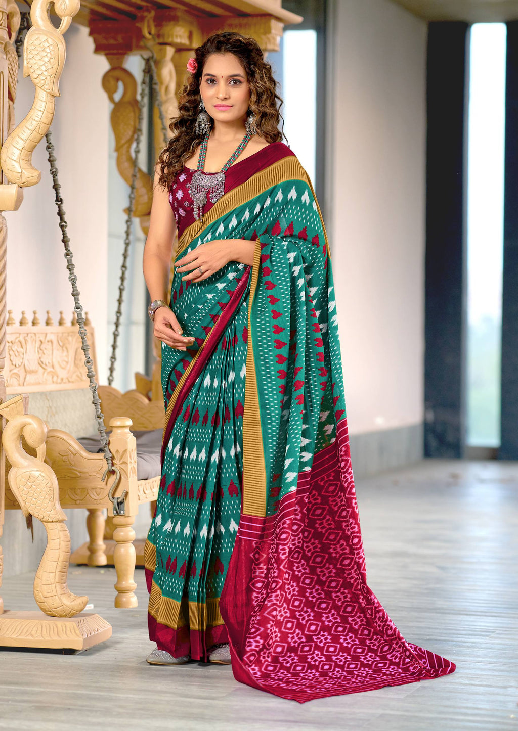 Classic Mulmul Cotton Saree with Ikkat Hand Block Print
