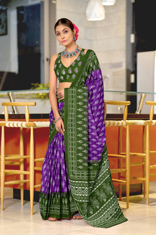 Ikkat Hand Block Print Mulmul Cotton Saree