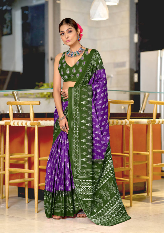 Ikkat Hand Block Print Mulmul Cotton Saree