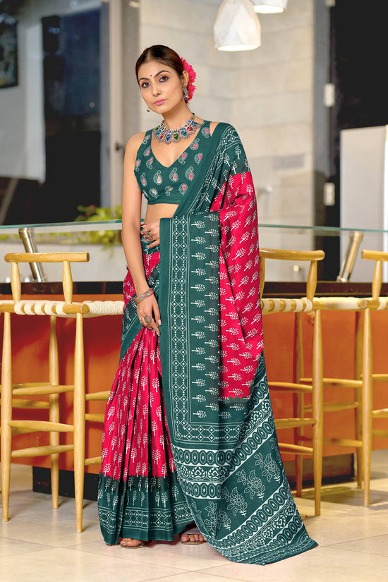 Ikkat Hand Block Print Mulmul Cotton Saree