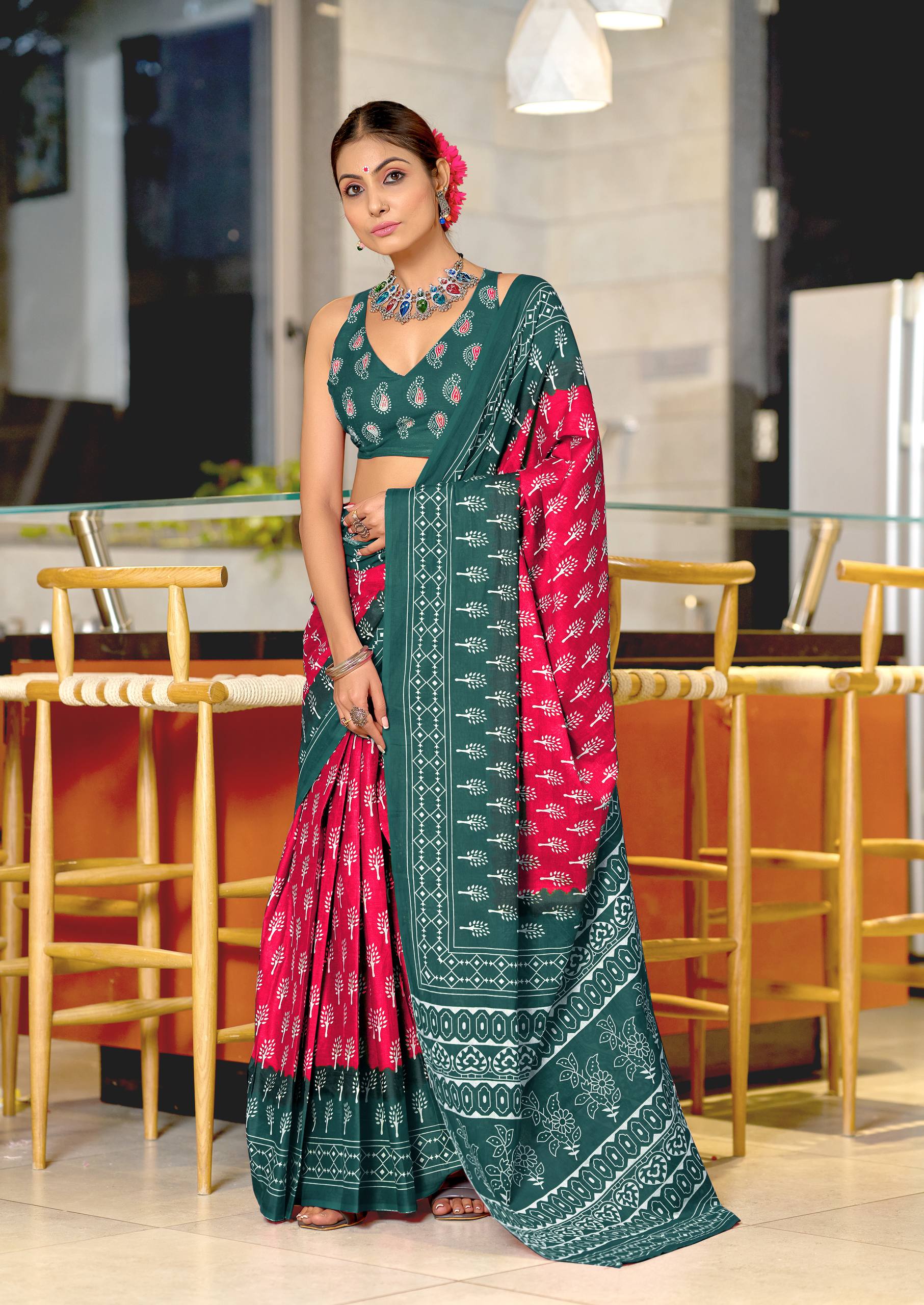 Ikkat Hand Block Print Mulmul Cotton Saree