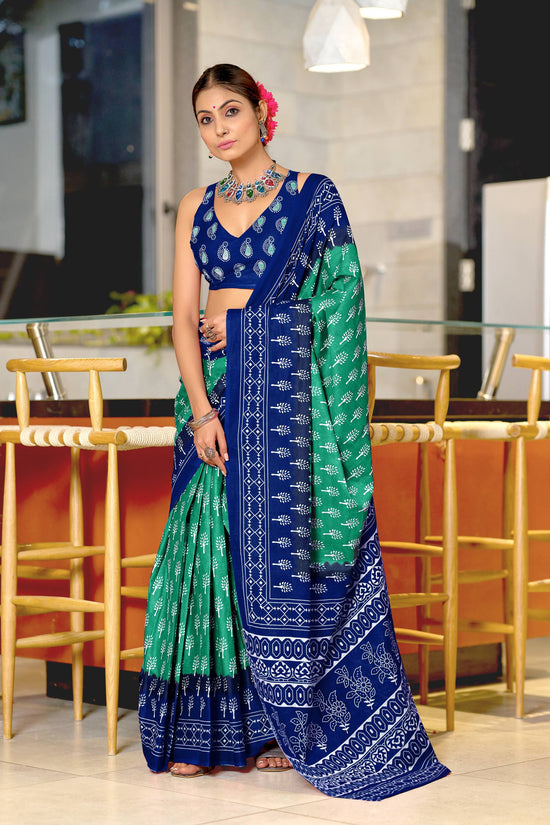 Ikkat Hand Block Print Mulmul Cotton Saree