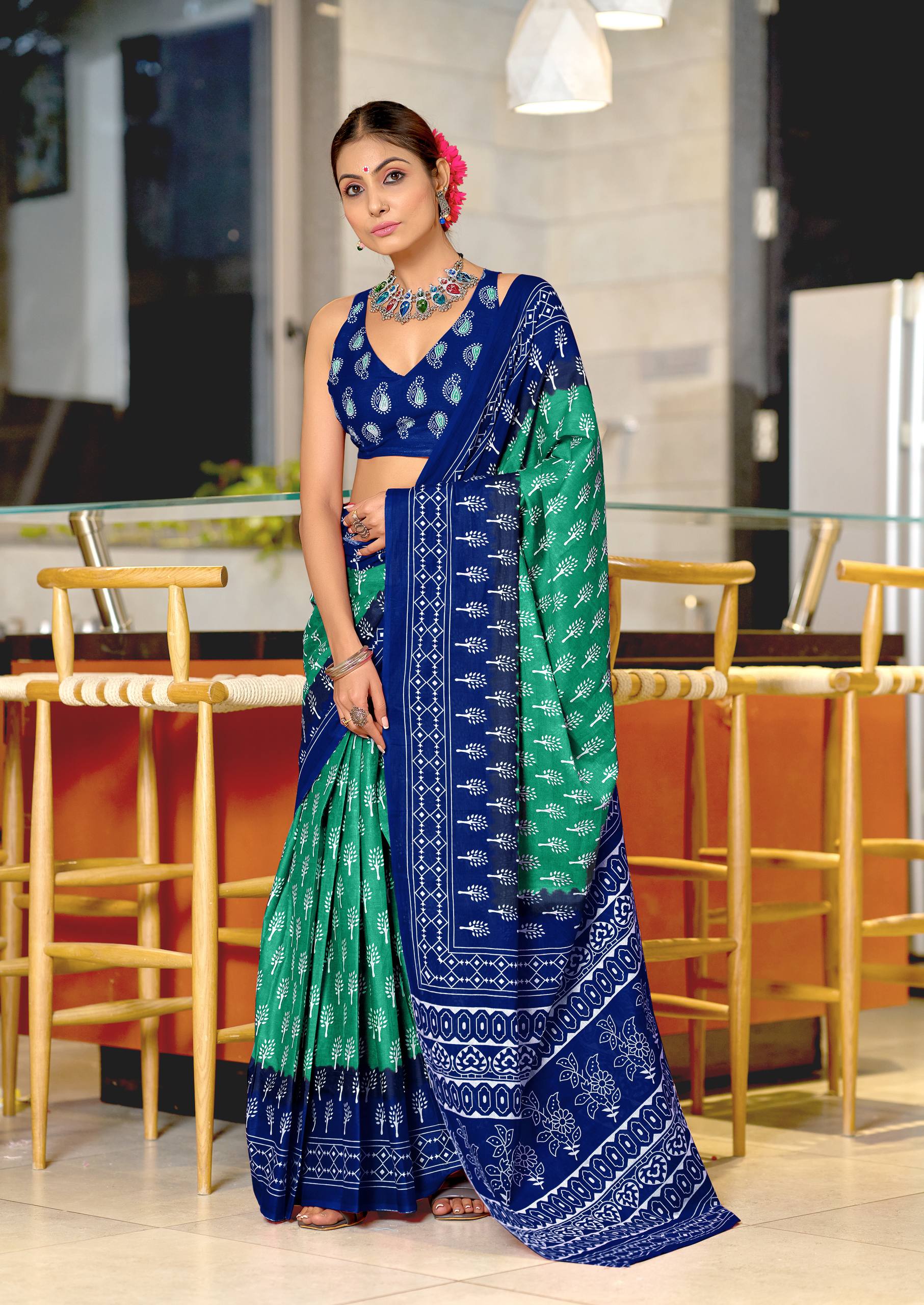 Ikkat Hand Block Print Mulmul Cotton Saree