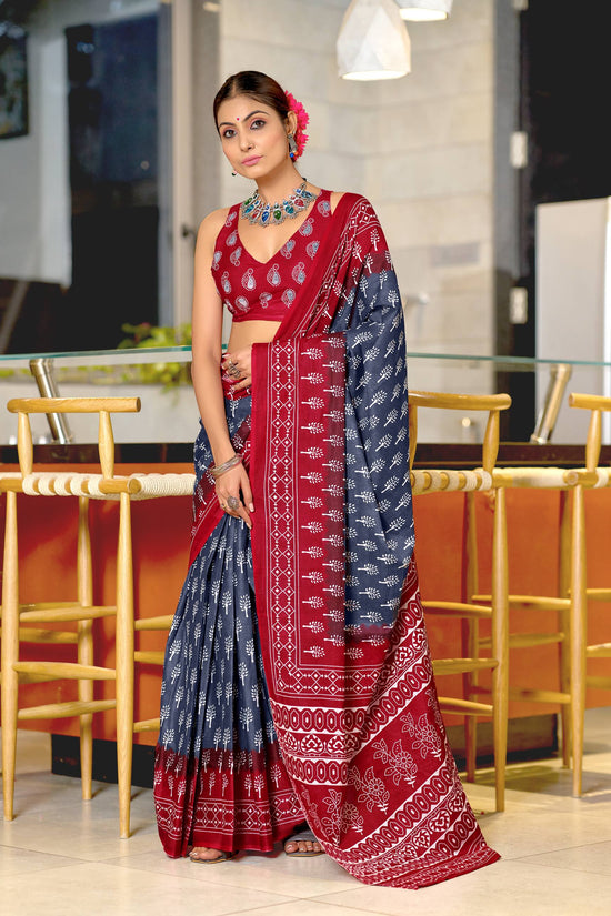 Ikkat Hand Block Print Mulmul Cotton Saree
