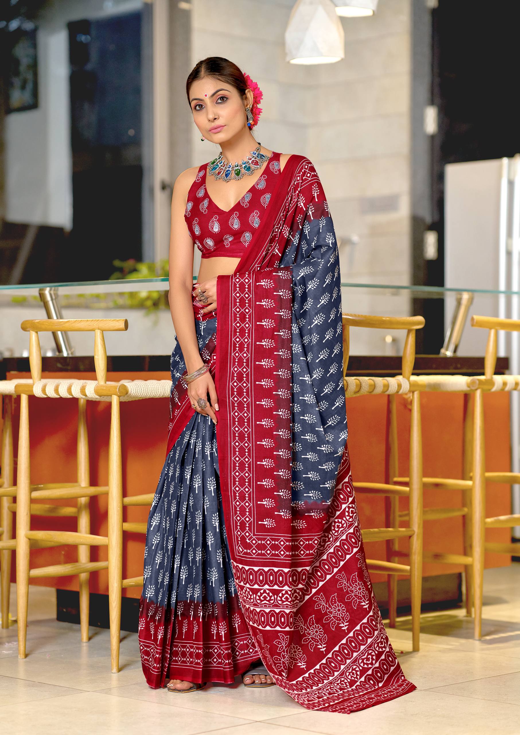 Ikkat Hand Block Print Mulmul Cotton Saree