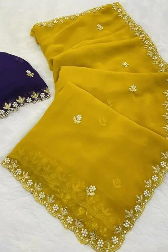 Silk Chinon Saree with Embroidery, Thread & Moti Work