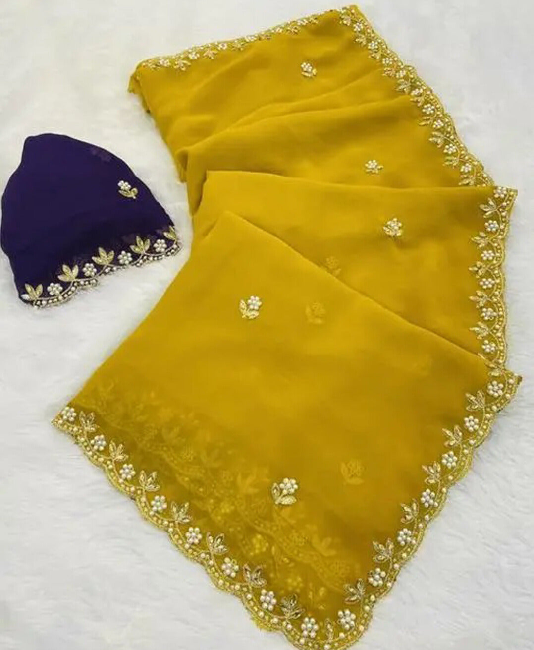 Silk Chinon Saree with Embroidery, Thread & Moti Work