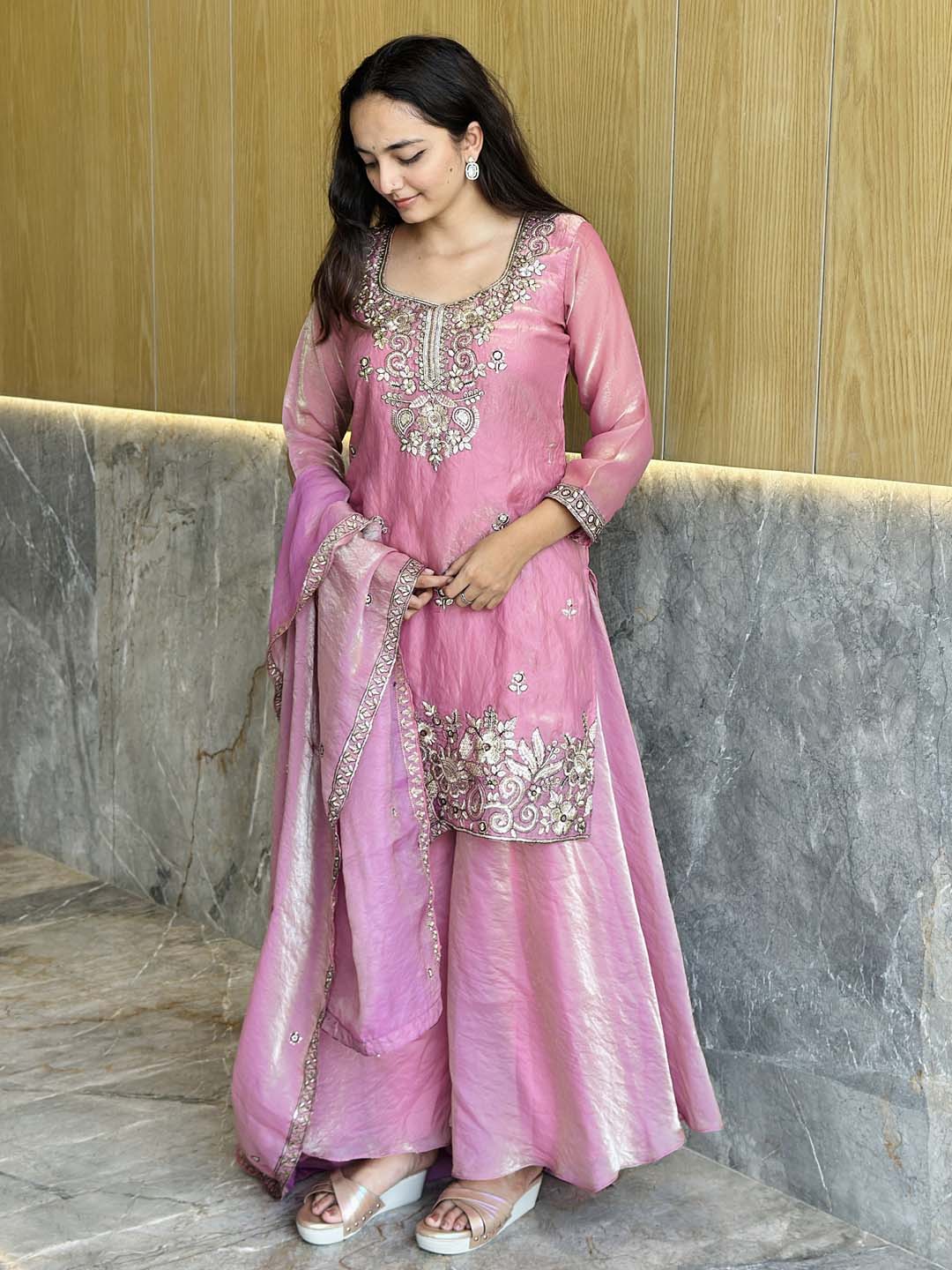 Elegant Satin 3-Piece Kurta Palazzo & Dupatta Set