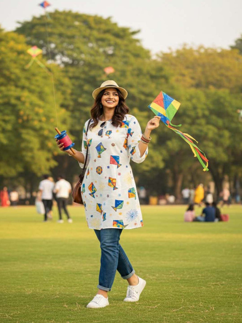 Festive wear Women’s White Cotton Blend Kite Print Kurti