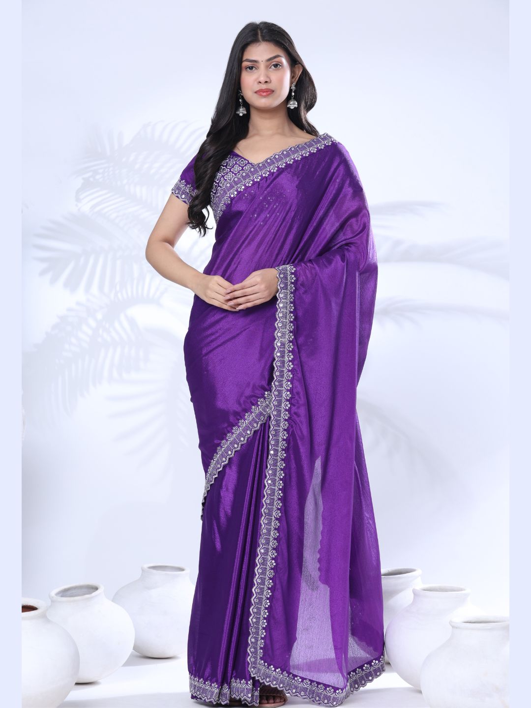 Chinon Embroidery Sequence Lace Border Saree