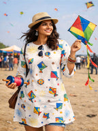 Festive wear Women’s White Cotton Blend Kite Print Kurti