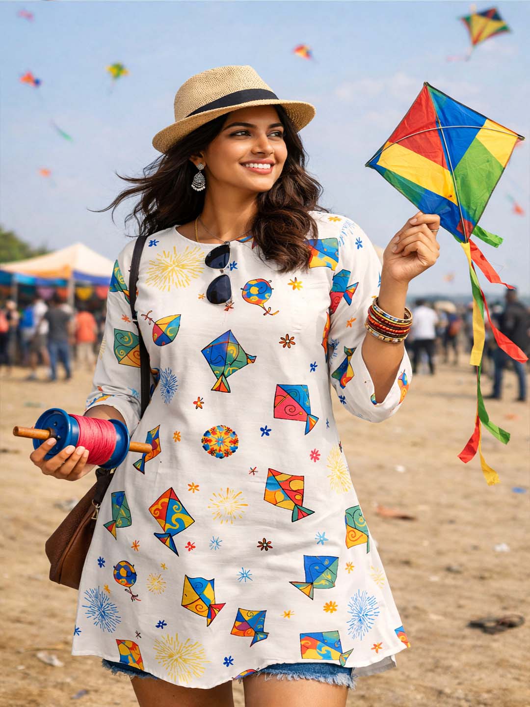 Festive wear Women’s White Cotton Blend Kite Print Kurti