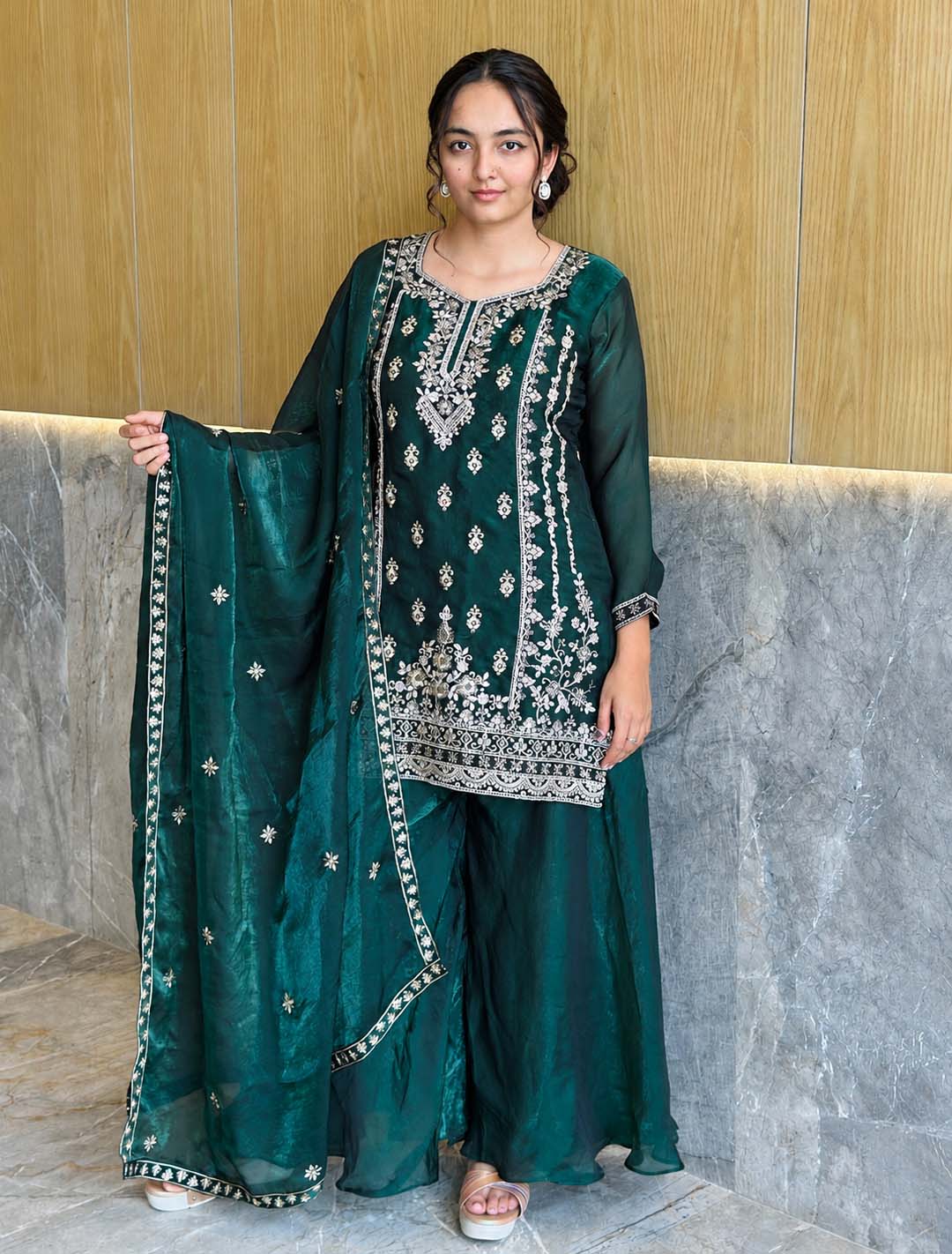 Elegant Satin 3-Piece Kurta Palazzo & Dupatta Set