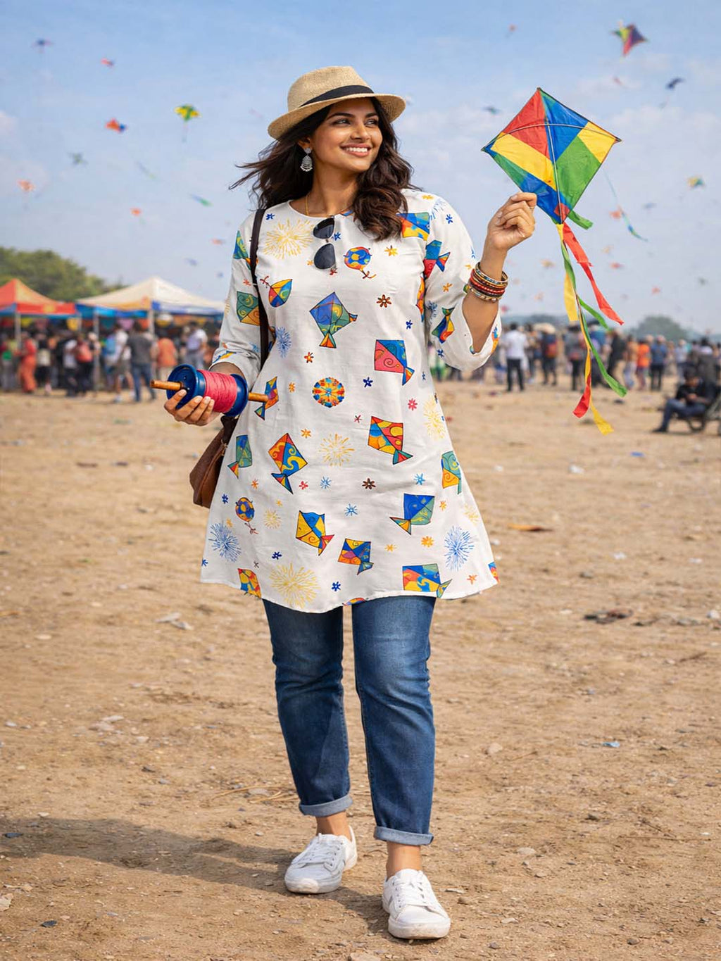 Festive wear Women’s White Cotton Blend Kite Print Kurti