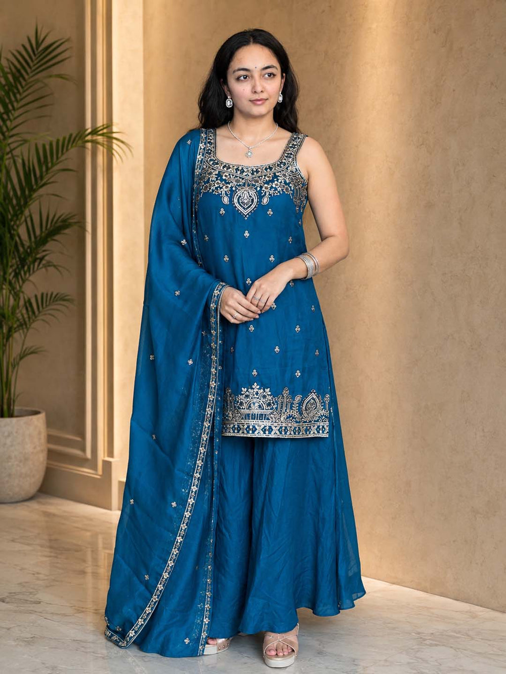 Stylish Satin Short Kurta & Flared Palazzo Set