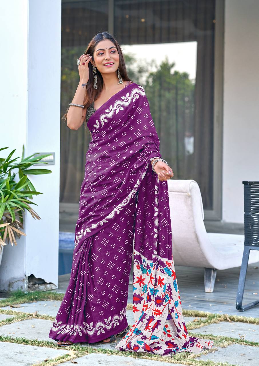 Mulmul Cotton Chunari Hand Block Print Saree