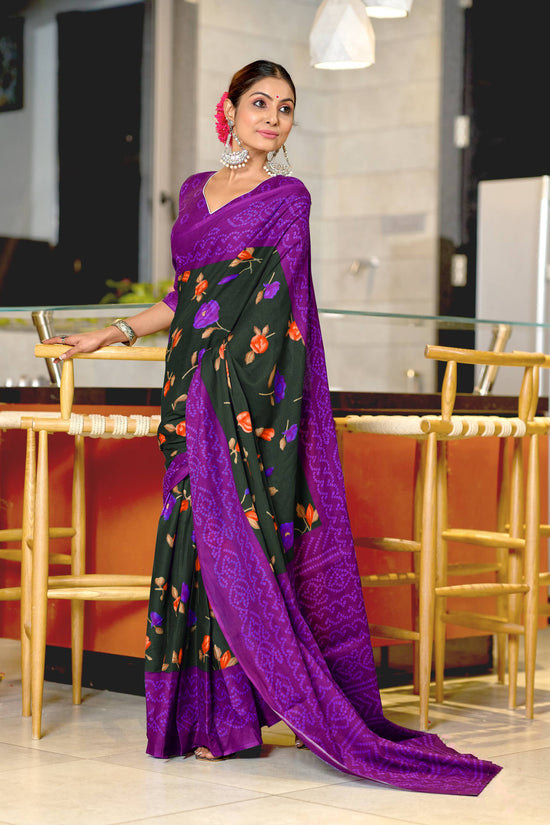 Mulmul Cotton Bandhani Saree with Flower Block Print
