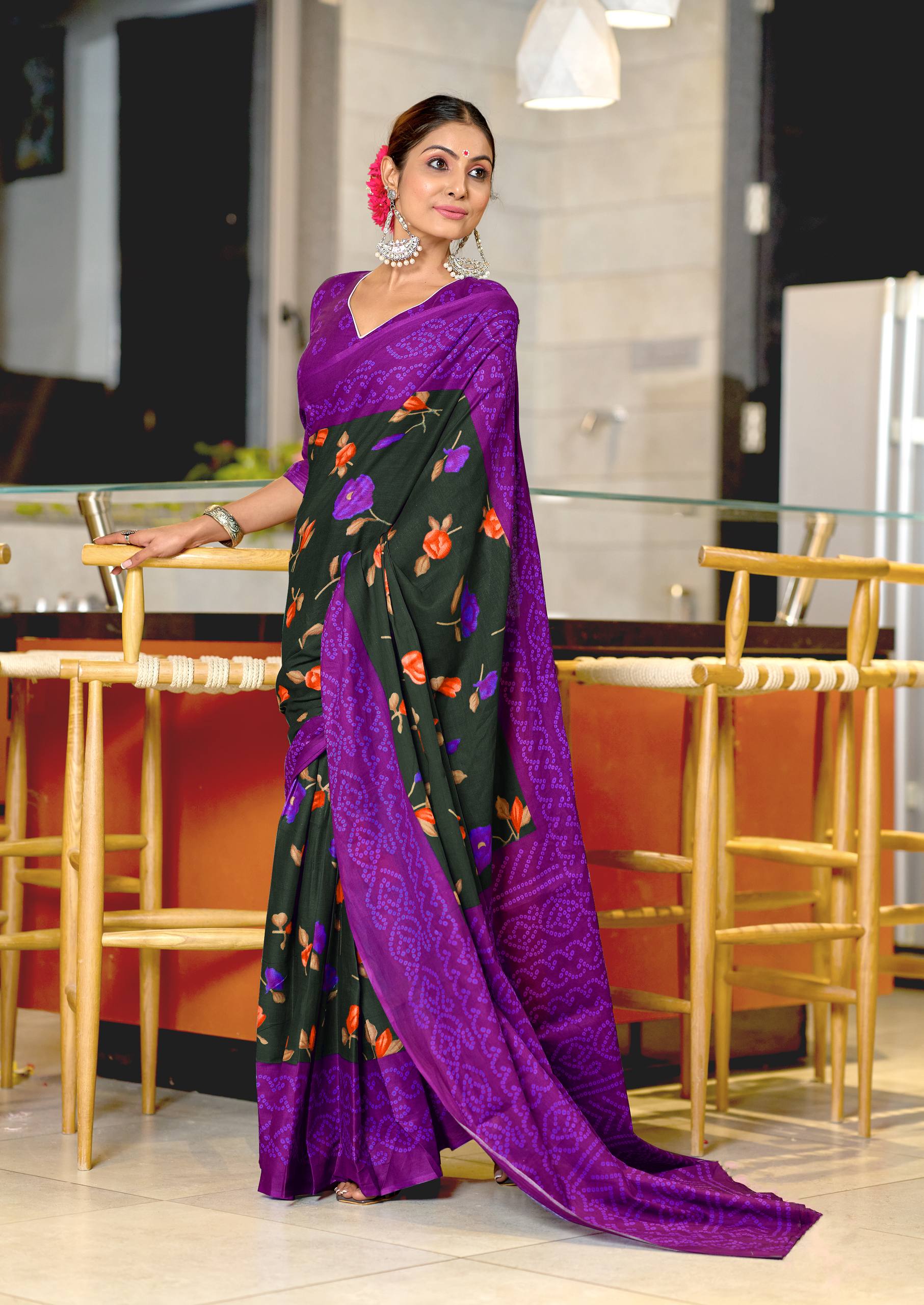 Mulmul Cotton Bandhani Saree with Flower Block Print