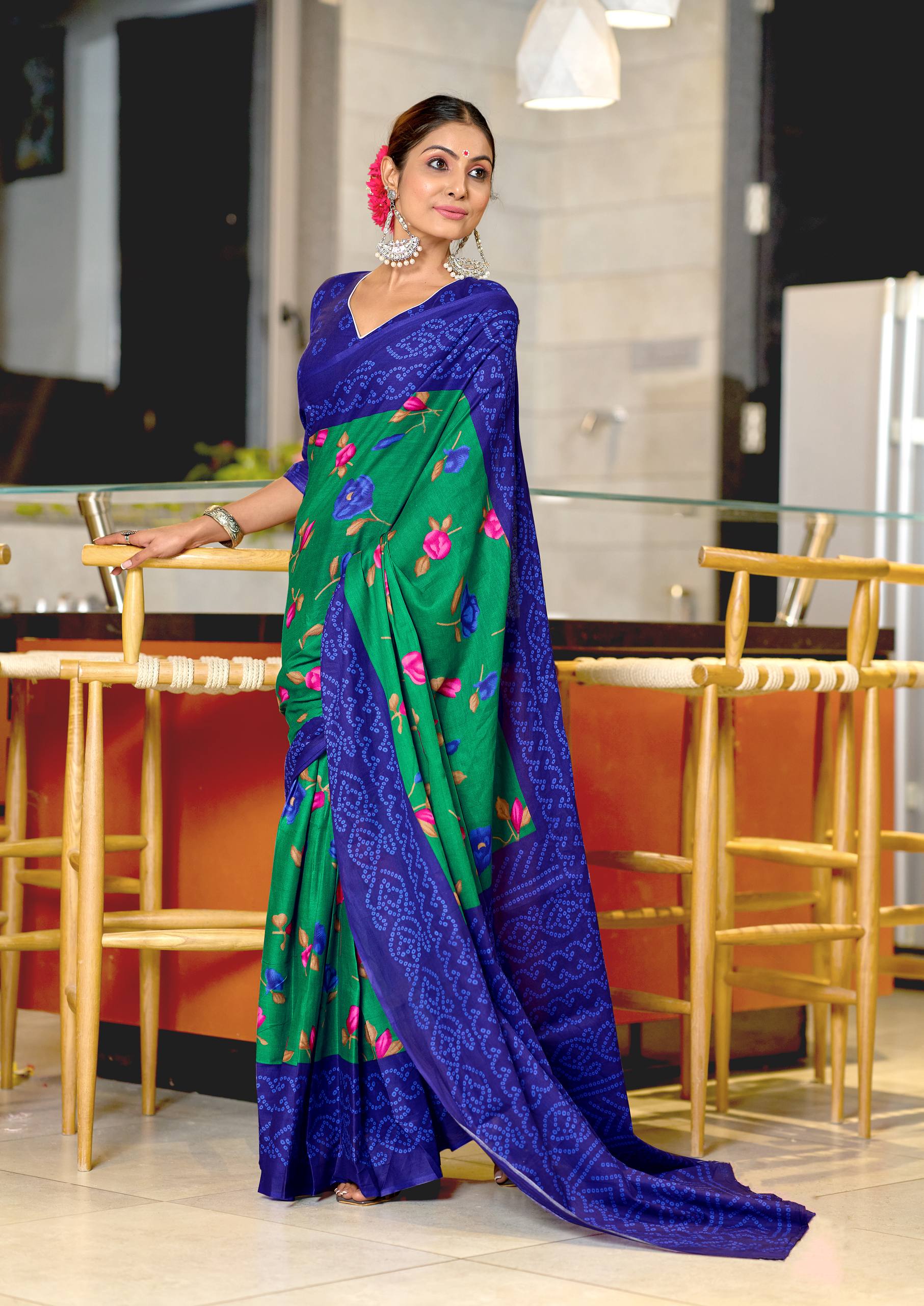 Mulmul Cotton Bandhani Saree with Flower Block Print