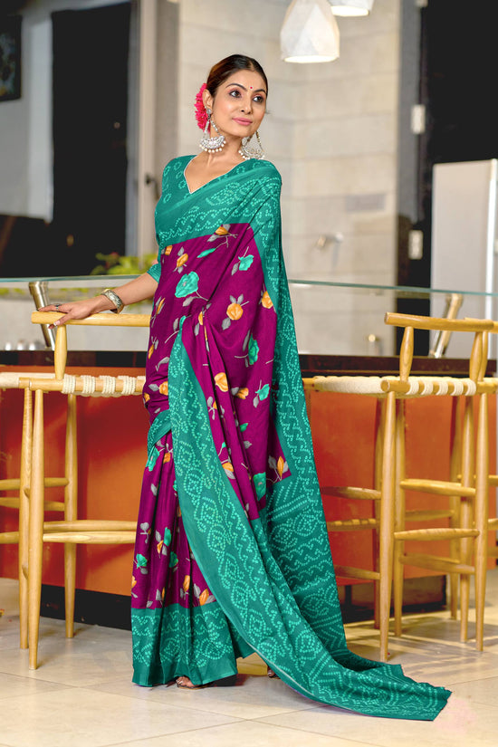 Mulmul Cotton Bandhani Saree with Flower Block Print