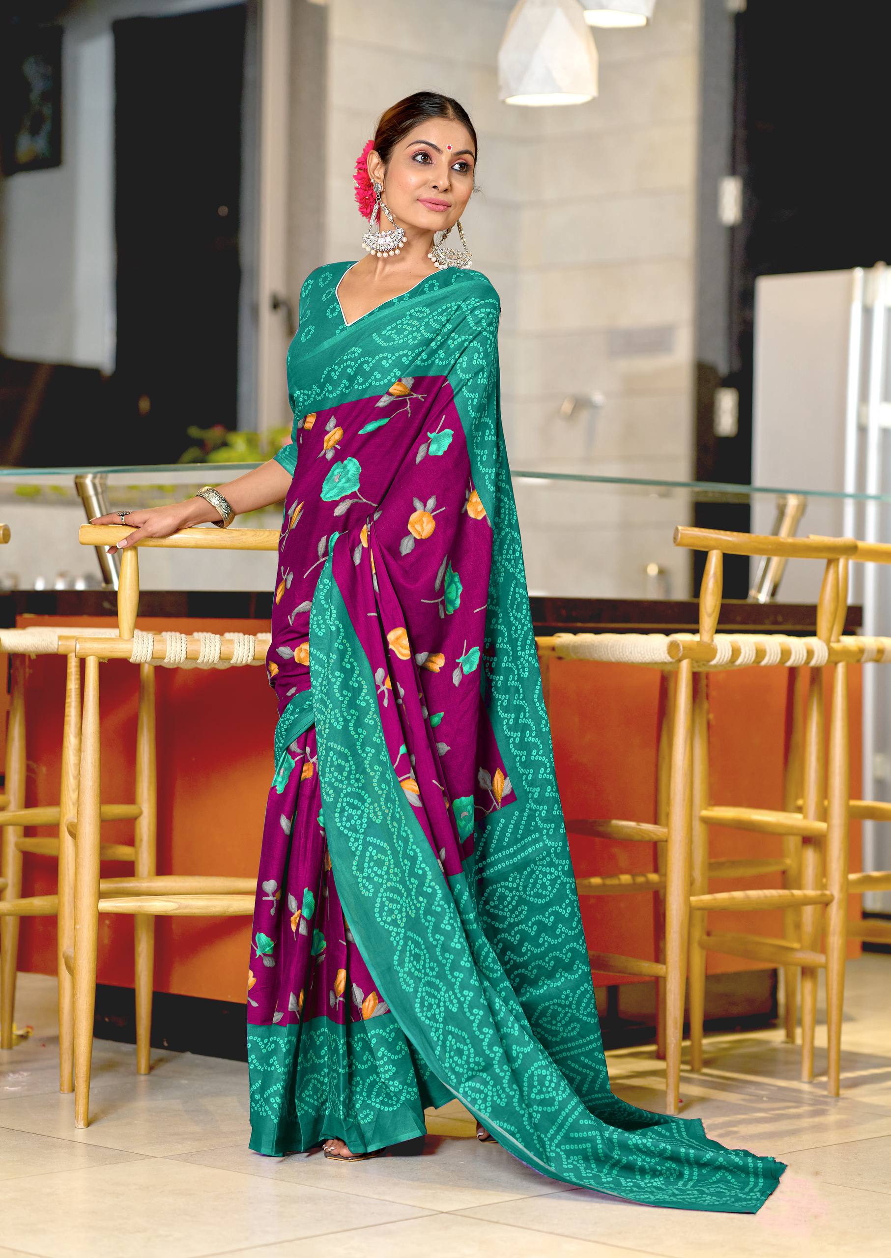 Mulmul Cotton Bandhani Saree with Flower Block Print