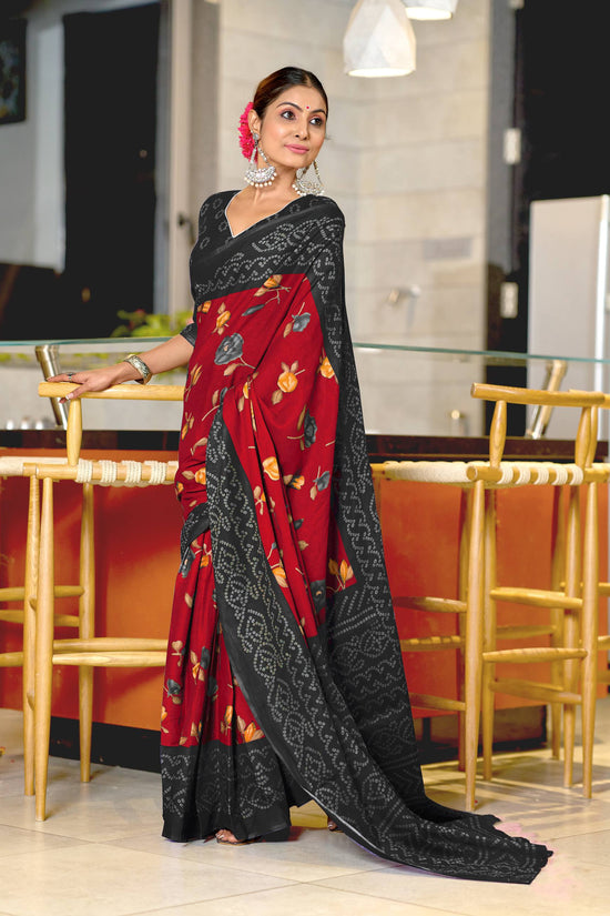 Mulmul Cotton Bandhani Saree with Flower Block Print