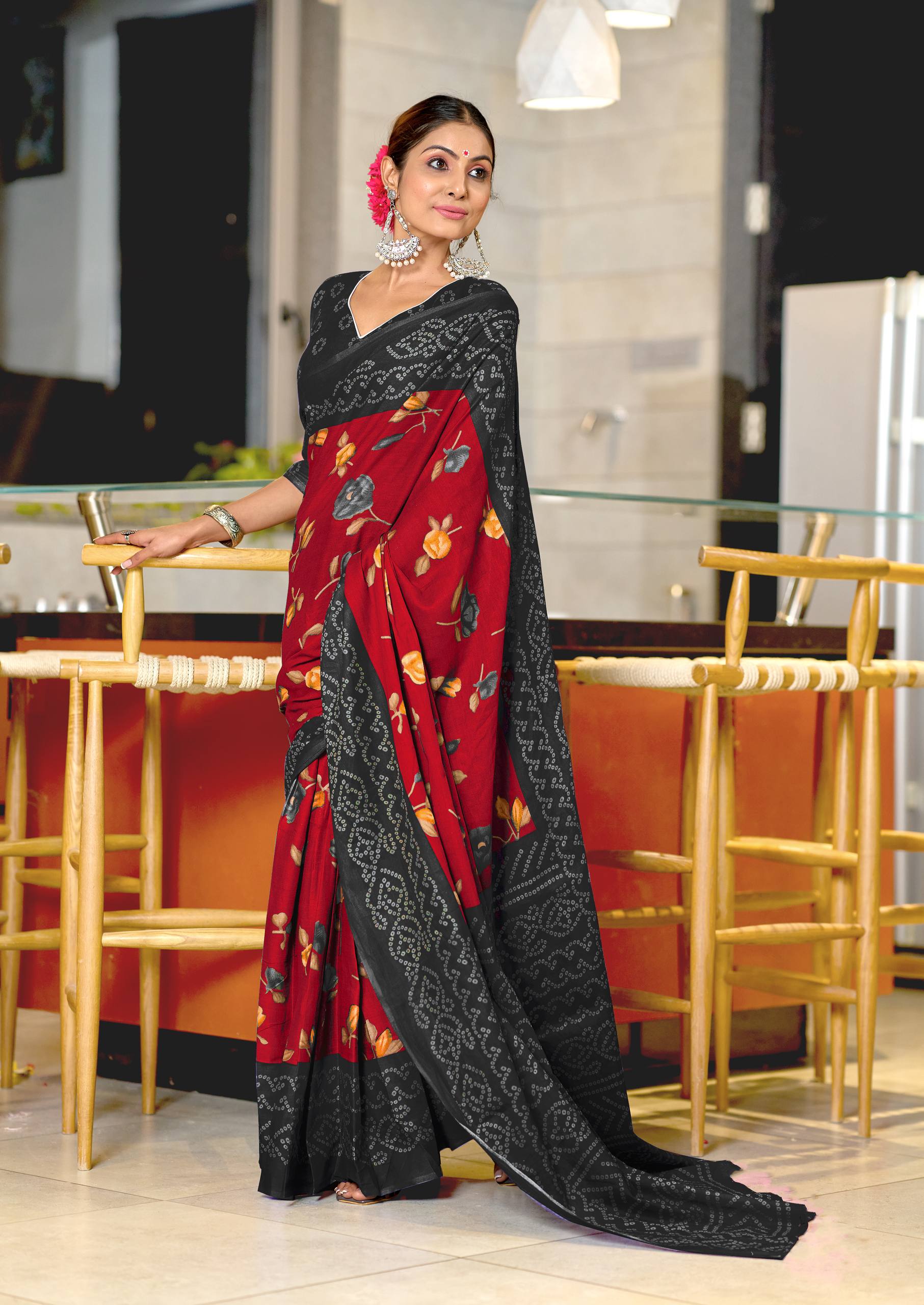 Mulmul Cotton Bandhani Saree with Flower Block Print