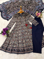 Printed Cotton Anarkali Kurta Set With Handwork on The Neckline