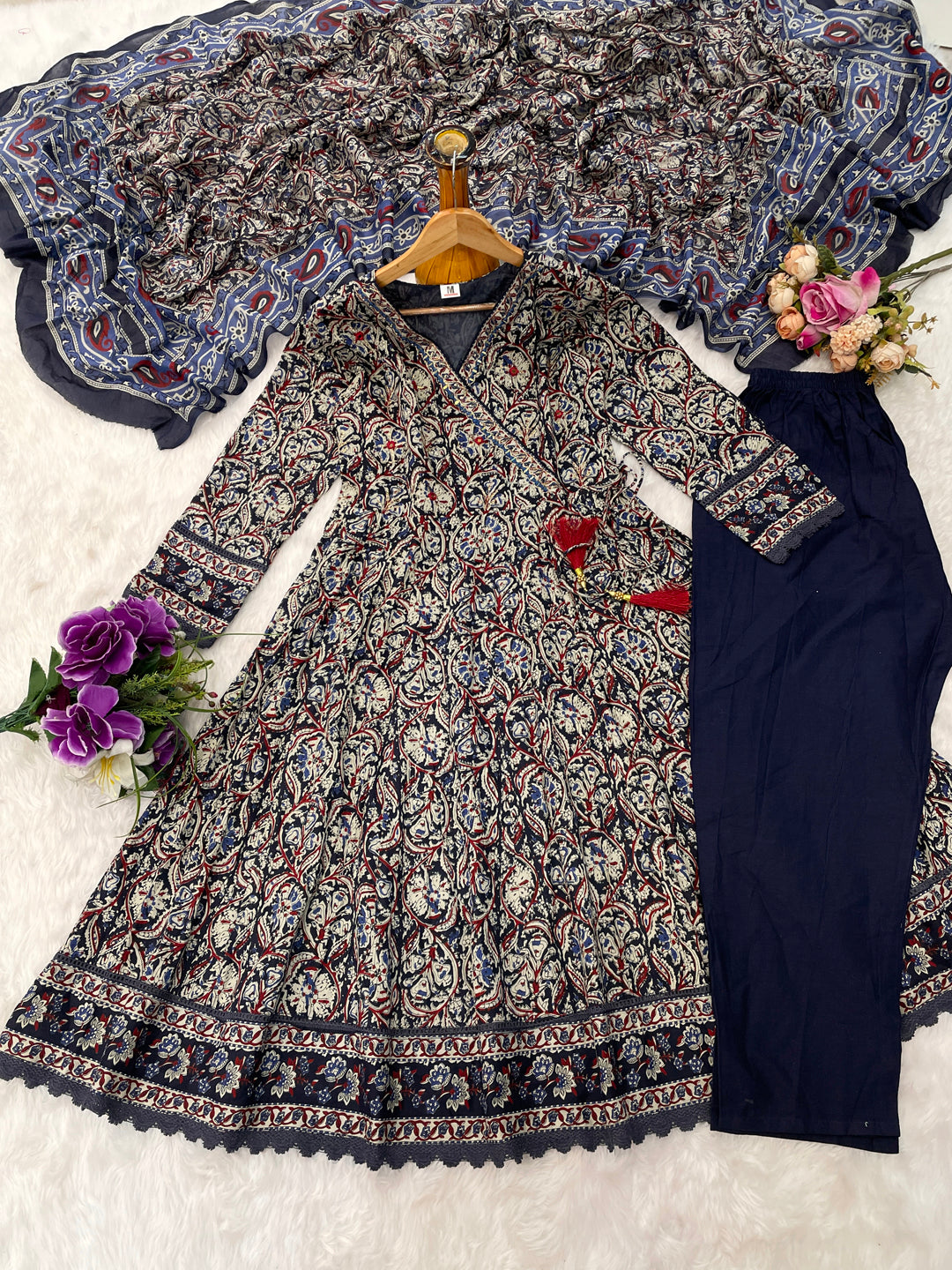 Printed Cotton Anarkali Kurta Set With Handwork on The Neckline