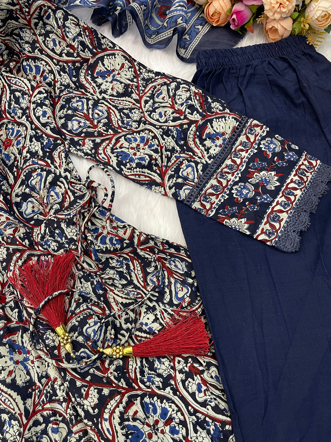 Printed Cotton Anarkali Kurta Set With Handwork on The Neckline