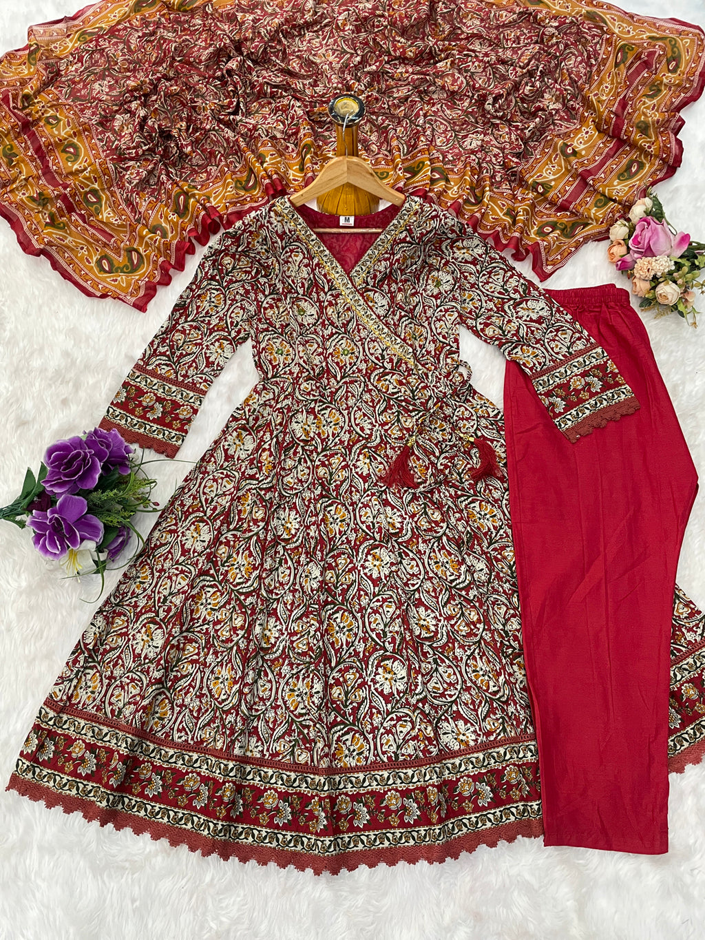 Printed Cotton Anarkali Kurta Set With Handwork on The Neckline