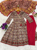 Printed Cotton Anarkali Kurta Set With Handwork on The Neckline