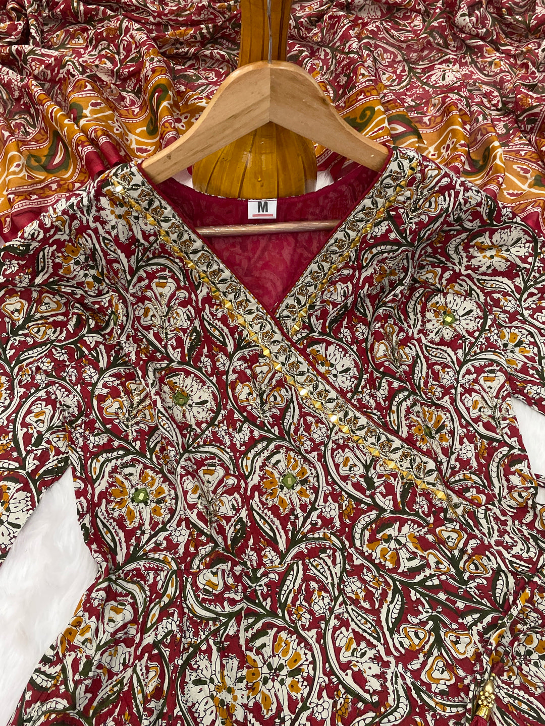 Printed Cotton Anarkali Kurta Set With Handwork on The Neckline