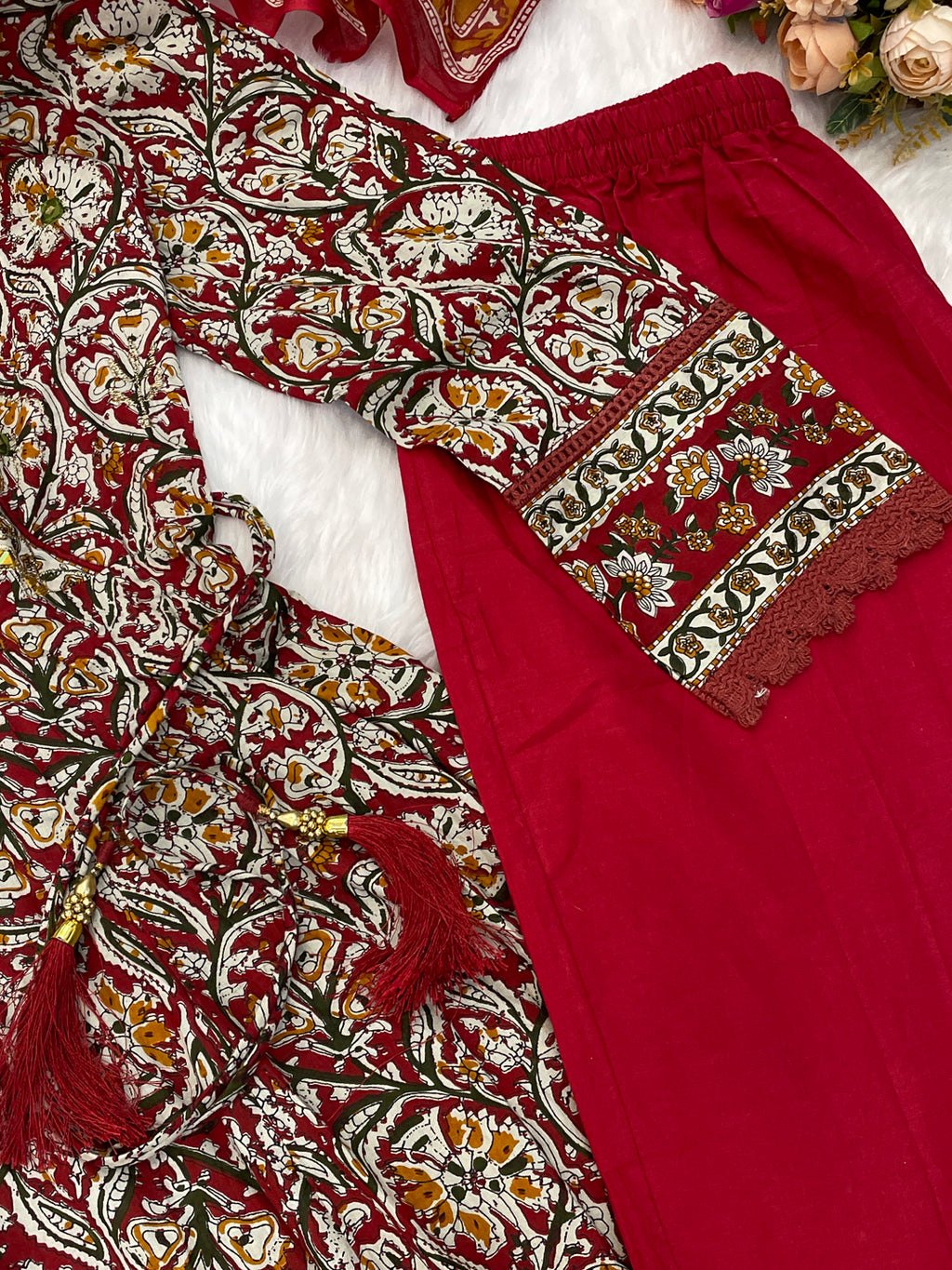 Printed Cotton Anarkali Kurta Set With Handwork on The Neckline