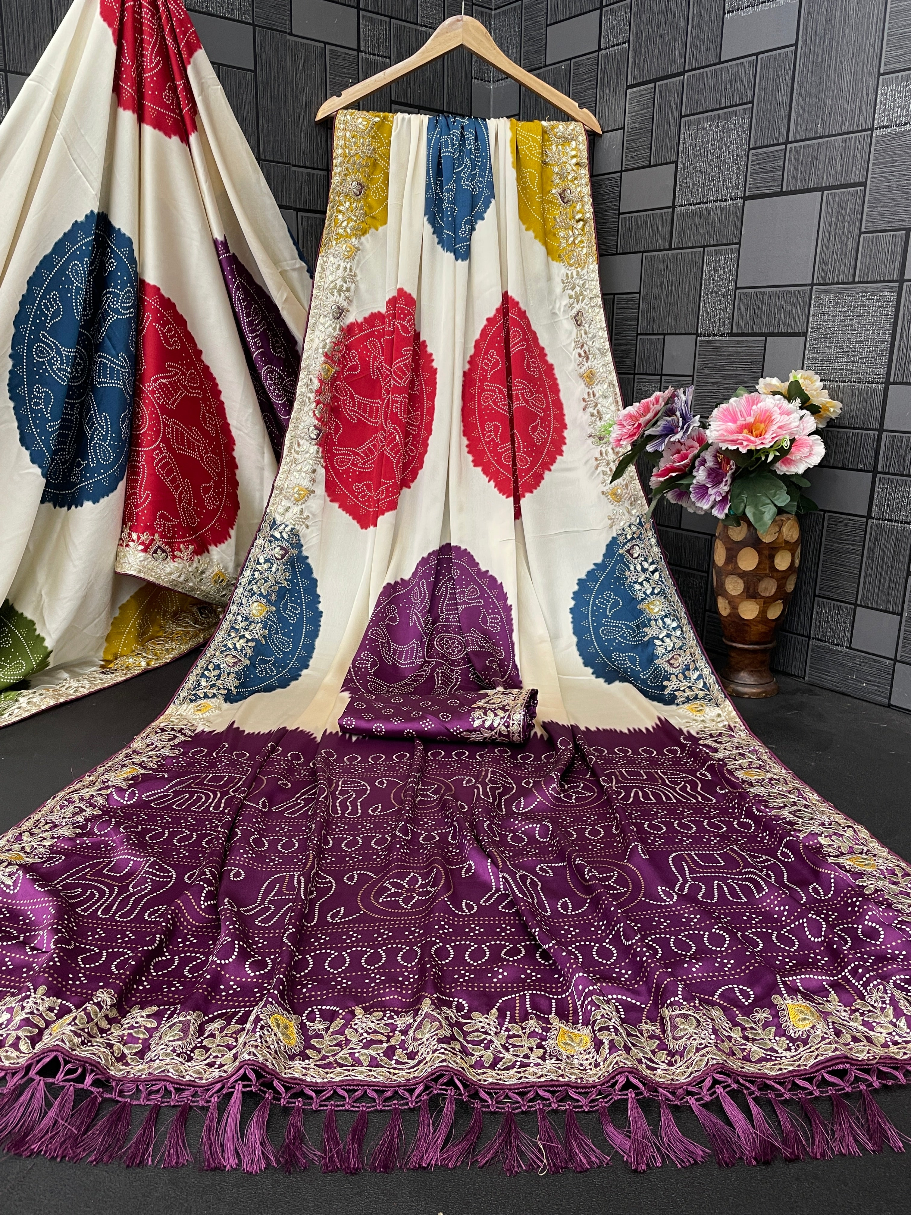 Satin Silk Bandhani Print Saree with Embroidered Border