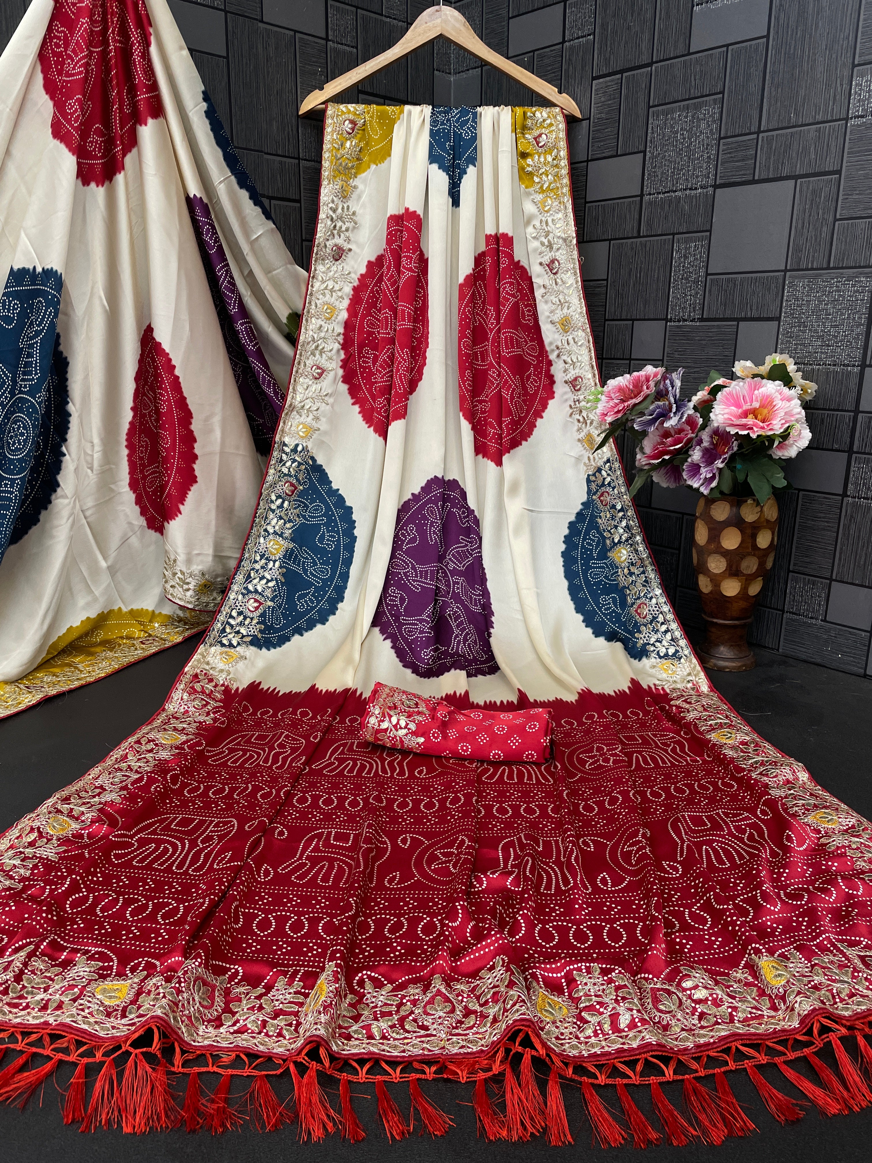 Satin Silk Bandhani Print Saree with Embroidered Border