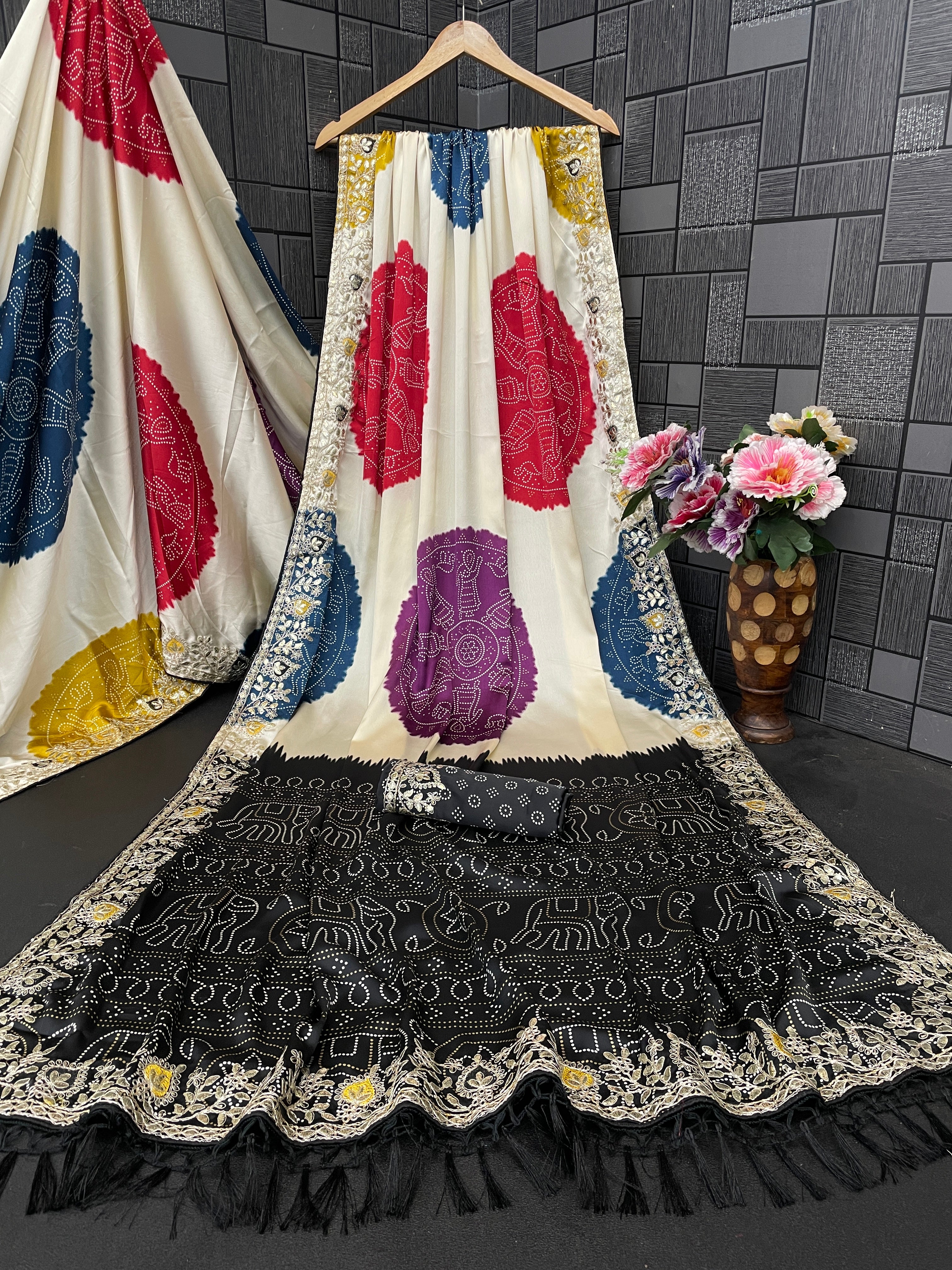 Satin Silk Bandhani Print Saree with Embroidered Border