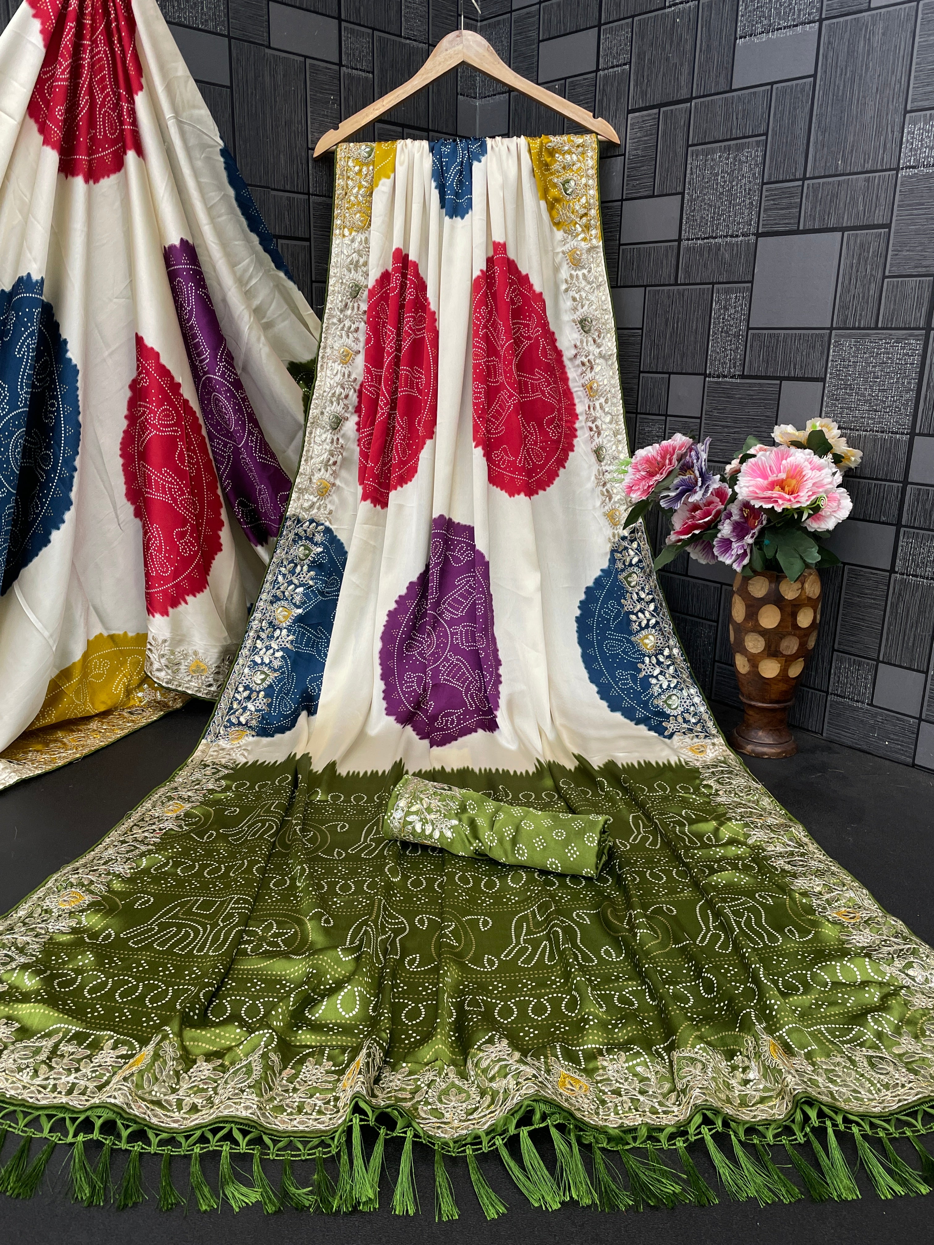 Satin Silk Bandhani Print Saree with Embroidered Border