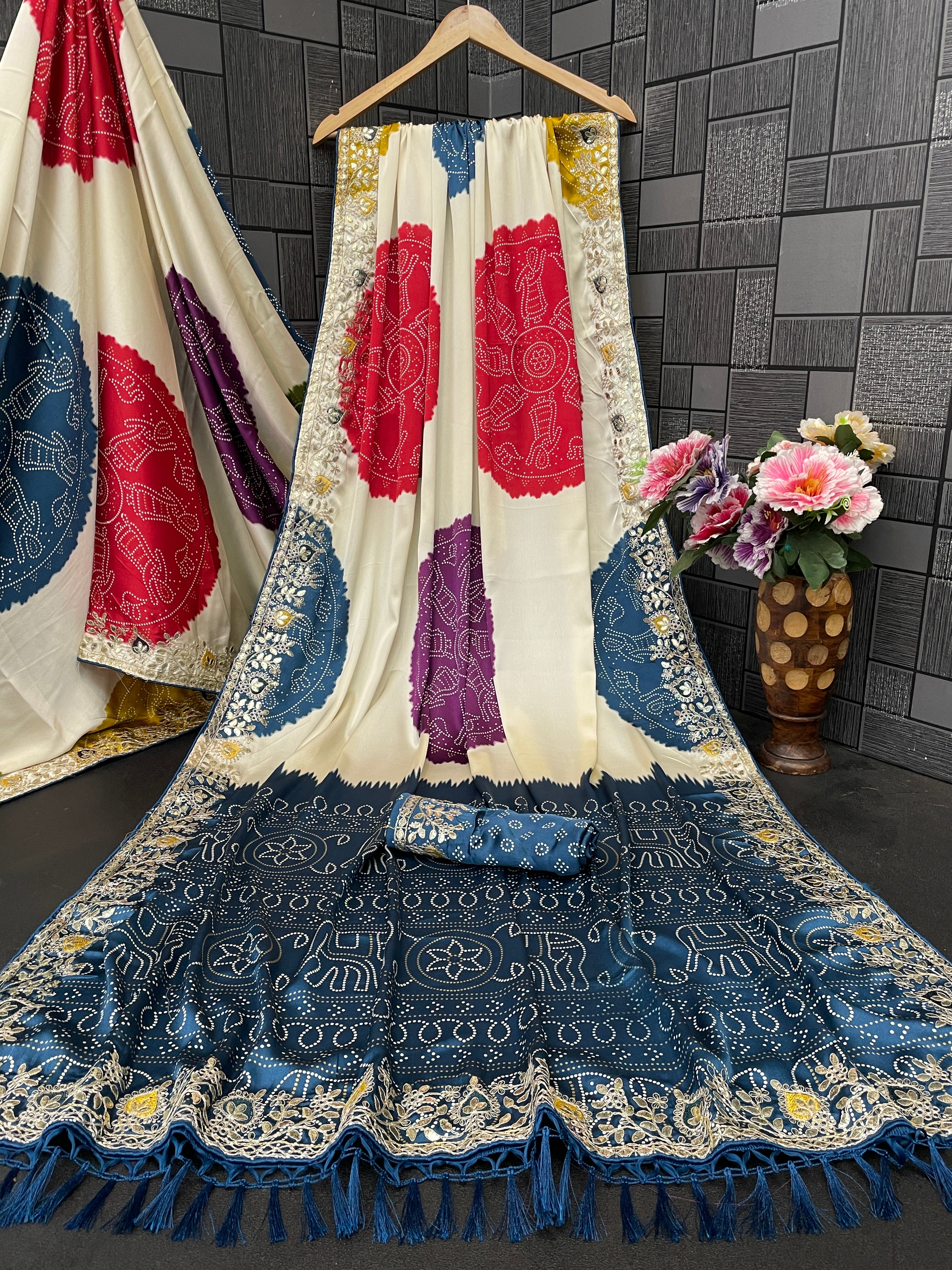 Satin Silk Bandhani Print Saree with Embroidered Border