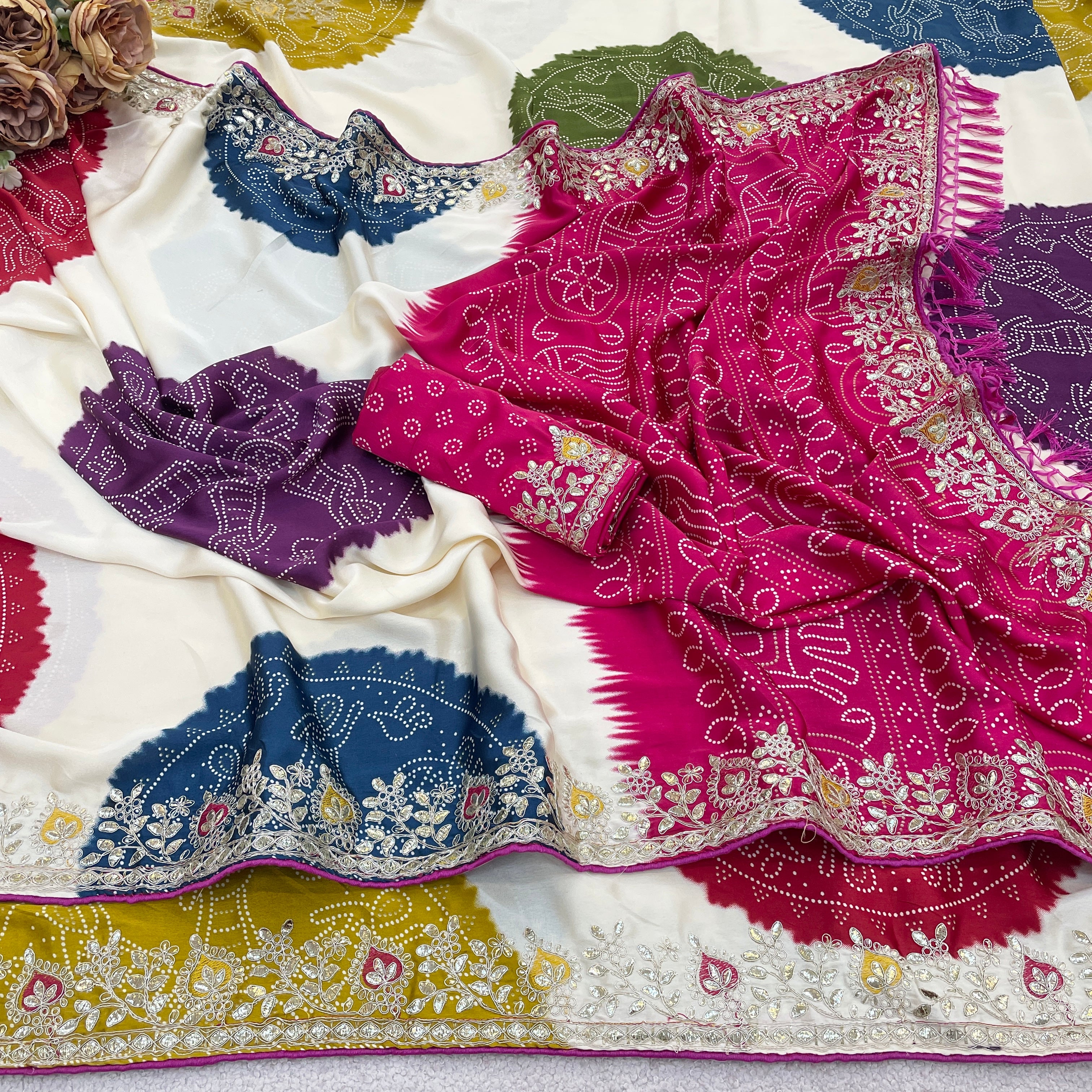 Indian Special Bandhani Motif Saree in Smooth Satin Silk with Tassel Pallu