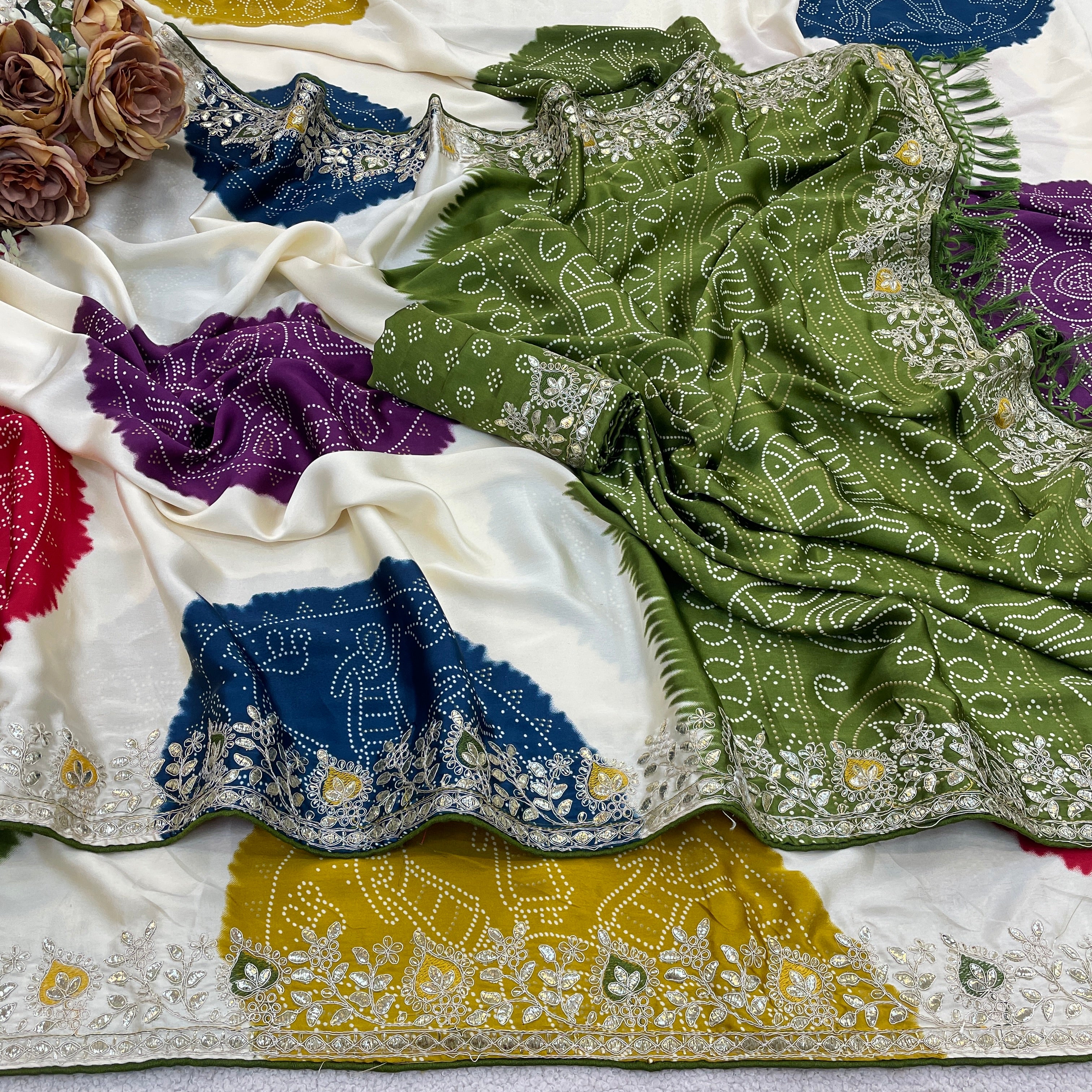 Indian Special Bandhani Motif Saree in Smooth Satin Silk with Tassel Pallu