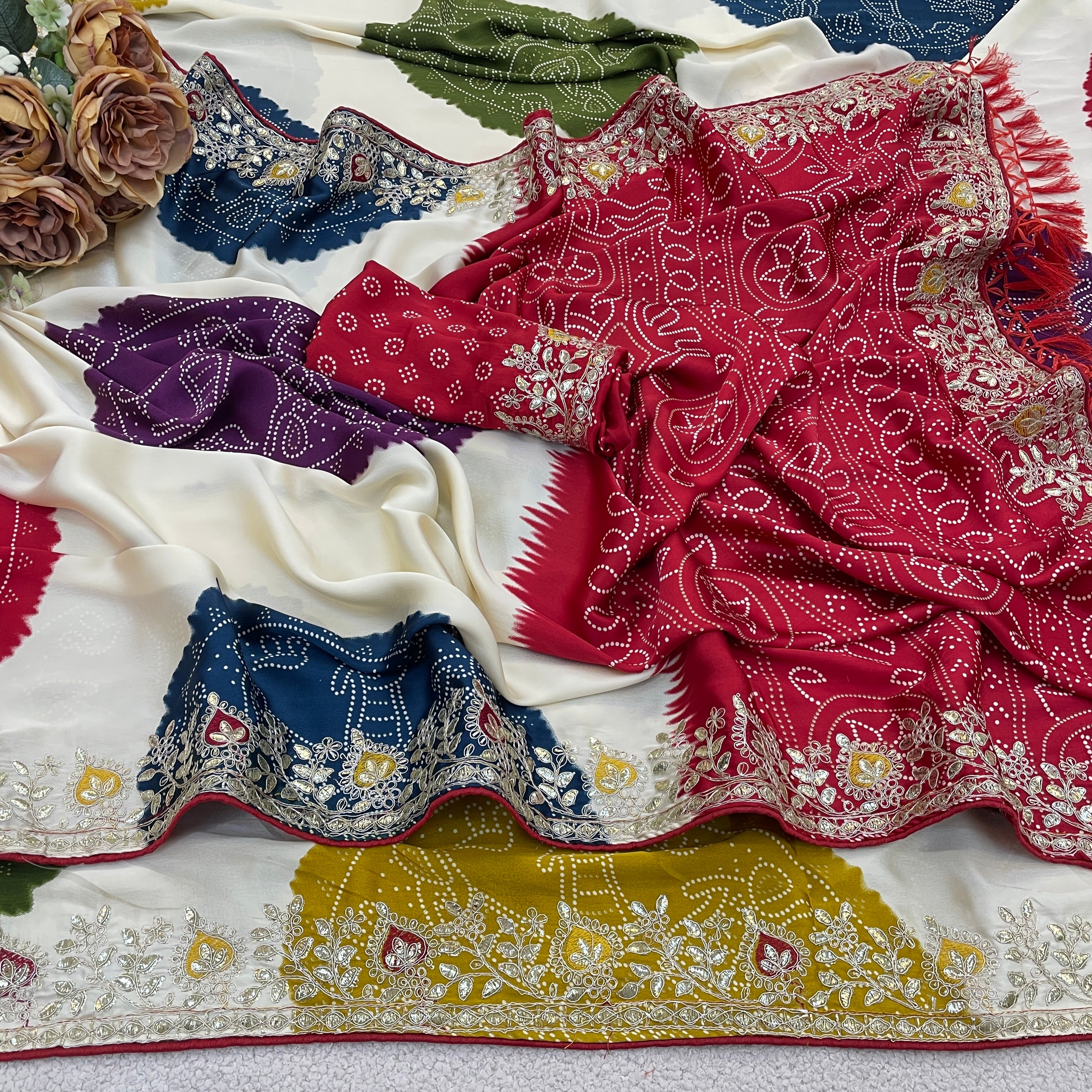 Indian Special Bandhani Motif Saree in Smooth Satin Silk with Tassel Pallu