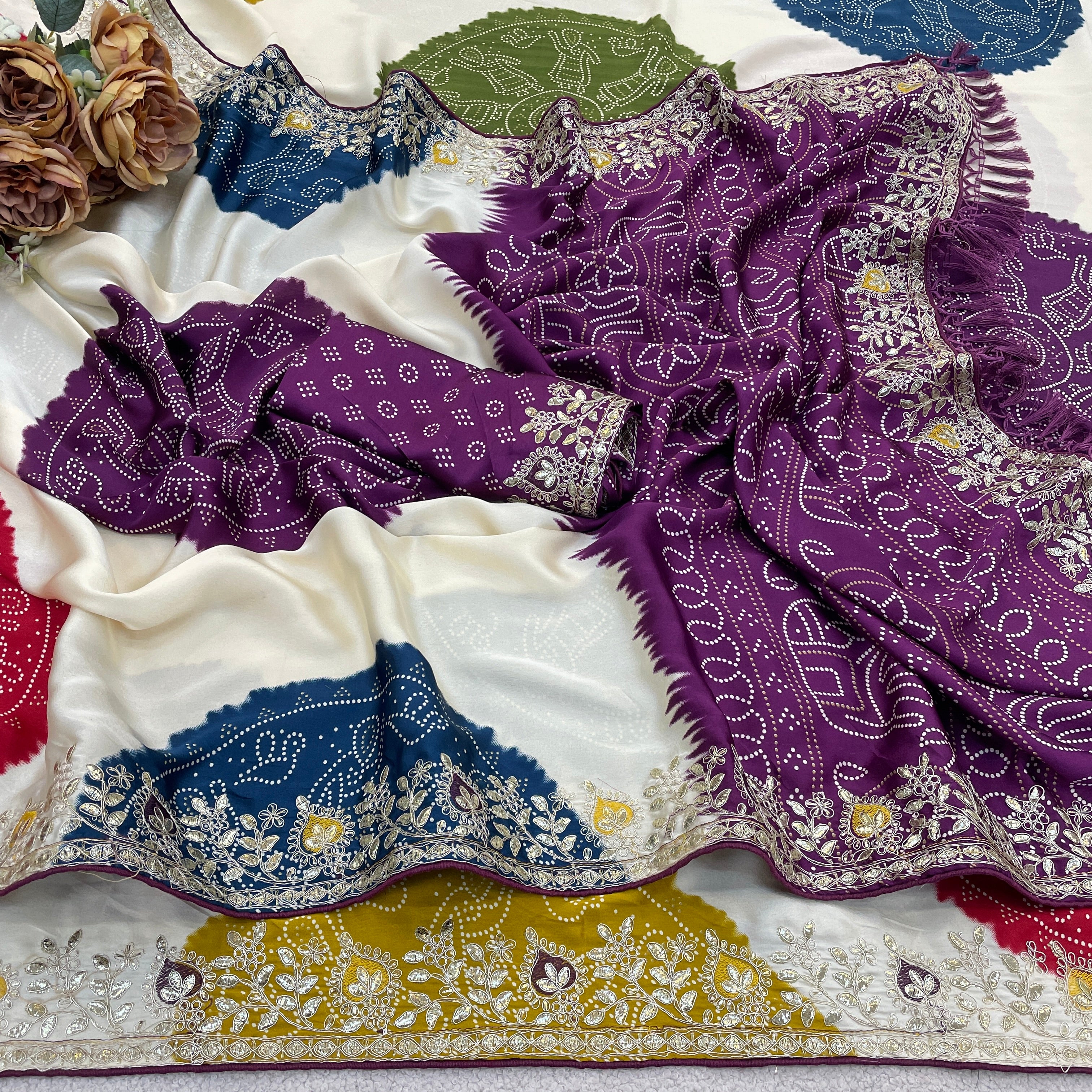 Indian Special Bandhani Motif Saree in Smooth Satin Silk with Tassel Pallu