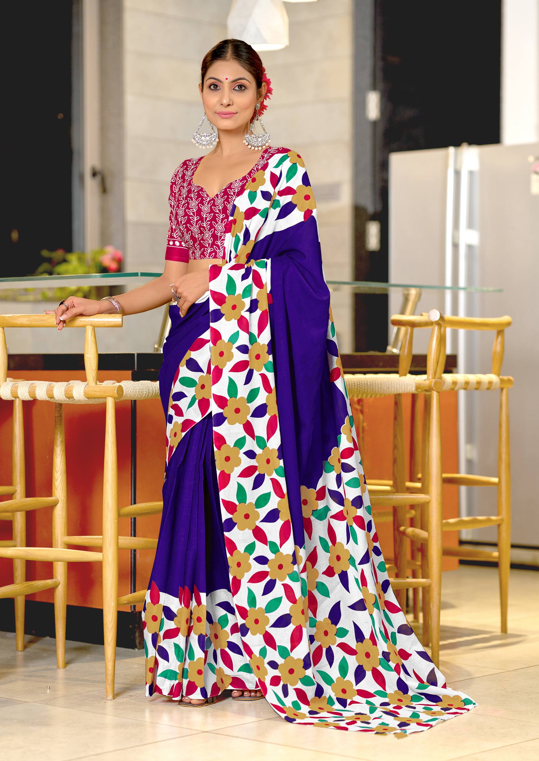 Classic Floral Block Print Mulmul Cotton Saree
