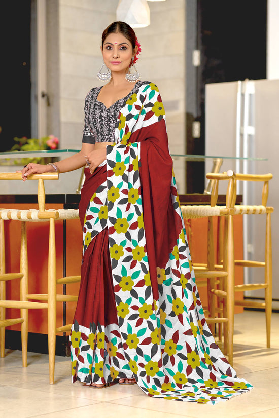 Classic Floral Block Print Mulmul Cotton Saree
